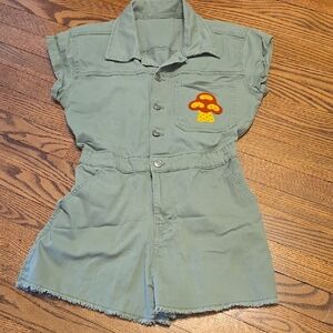 Khaki Green Short Sleeve Romper with Mushroom Patch Vintage Remade Item